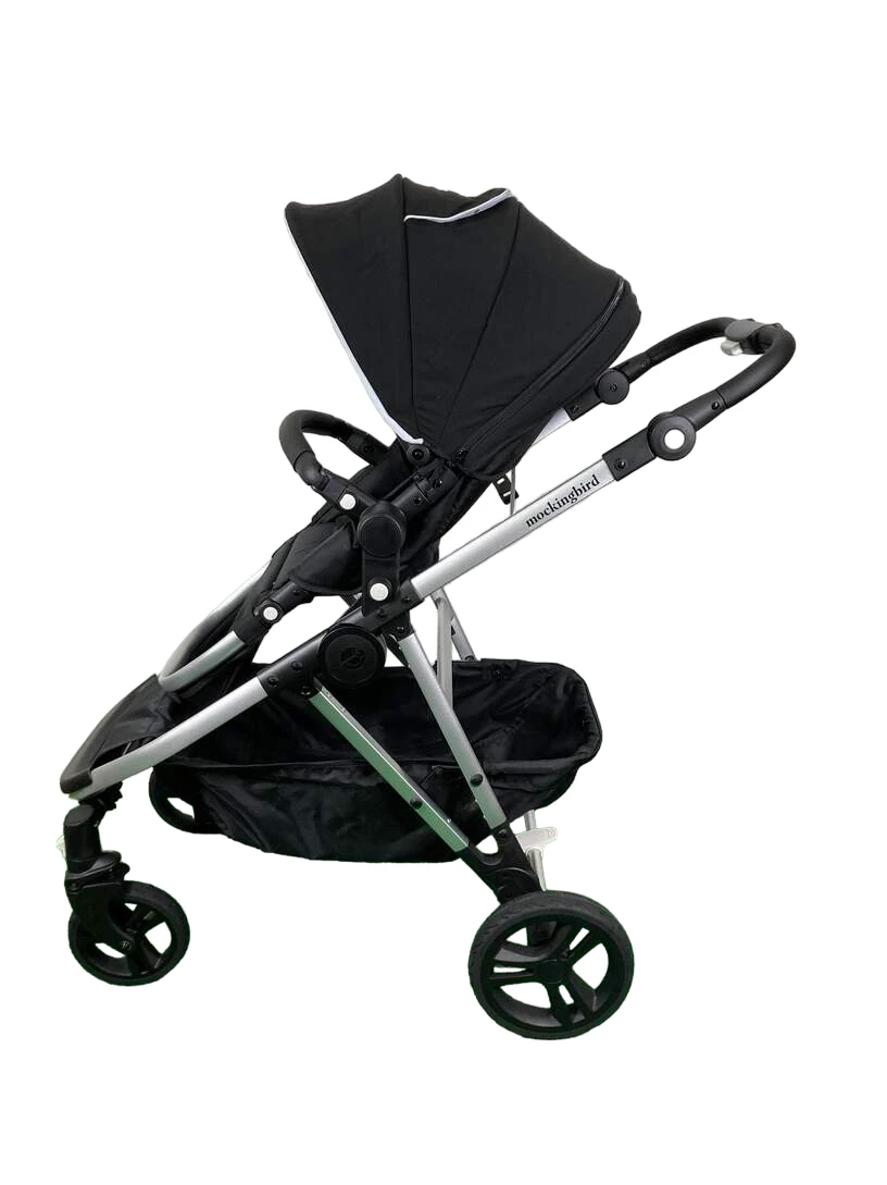 Mockingbird Single To Double Stroller, 2023, Silver With Black Leather, Watercolor Drops, Black 2 Mockingbird Single To Double Stroller, 2023, Silver With Black Leather, Watercolor Drops, Black - Image 2