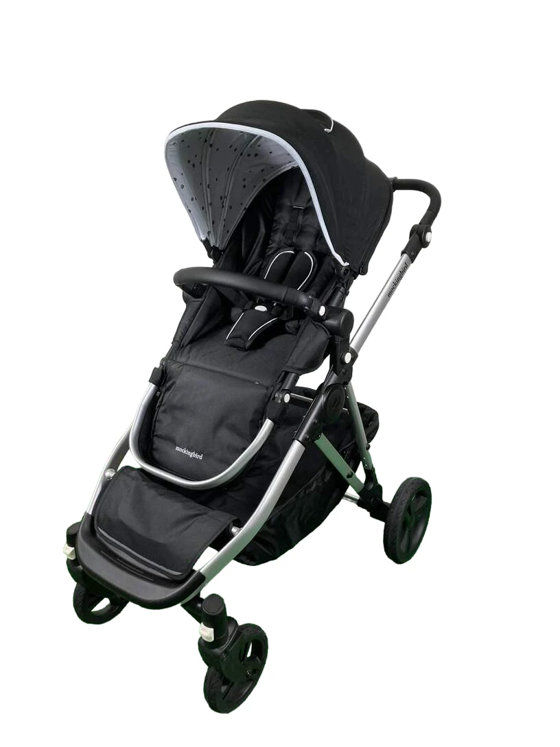 Mockingbird Single To Double Stroller, 2023, Silver With Black Leather, Watercolor Drops, Black 1 Mockingbird Single To Double Stroller, 2023, Silver With Black Leather, Watercolor Drops, Black